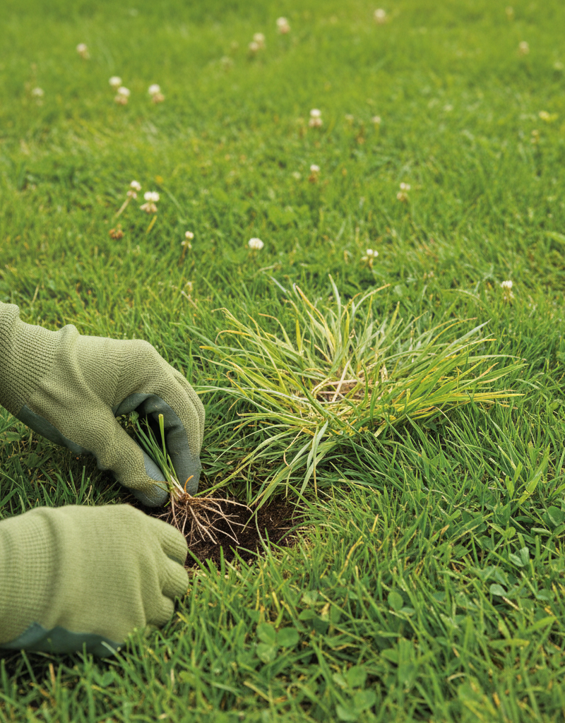 Homeowner hand-pulling young crabgrass from a healthy green lawn with gardening gloves on.