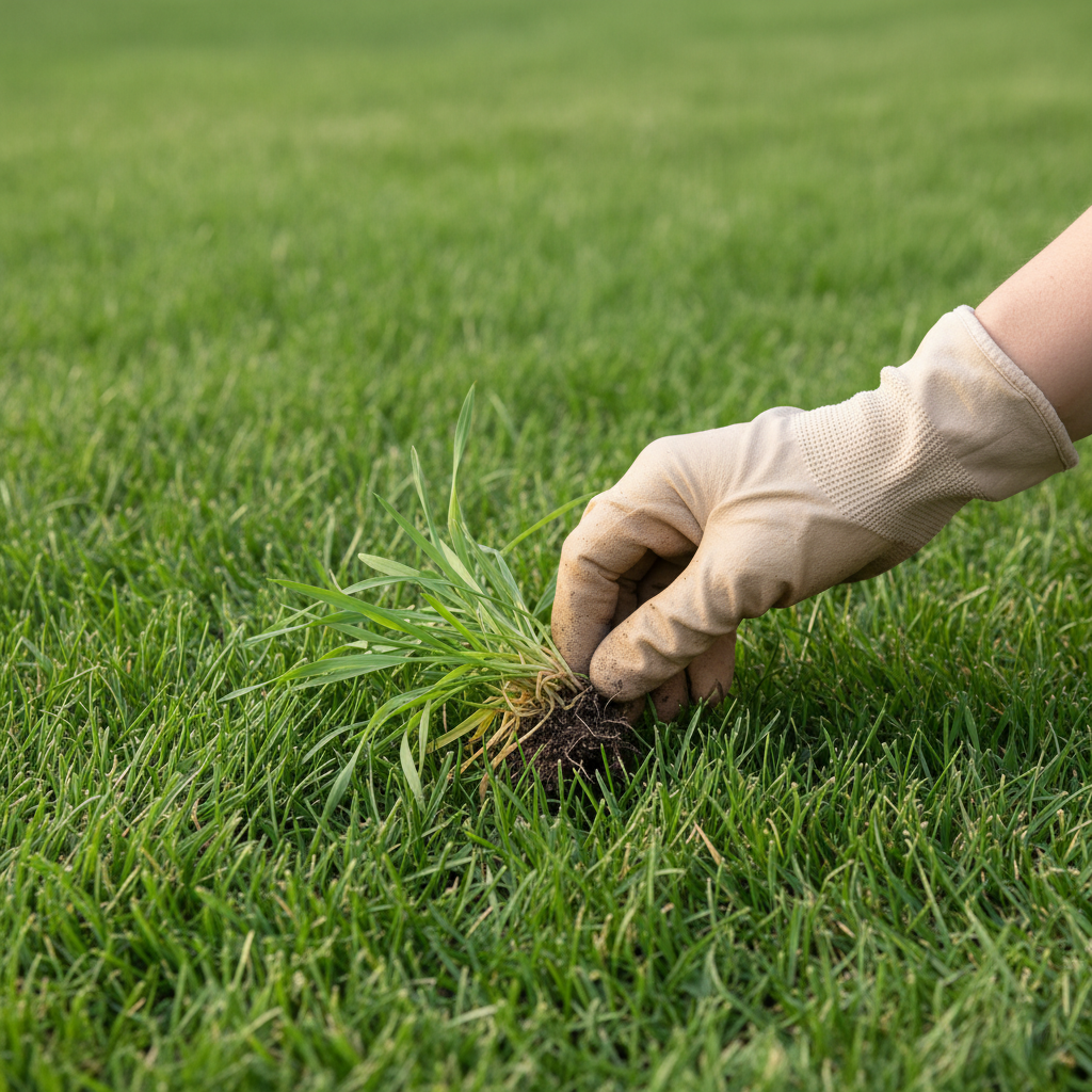 Gloved hand pulling young crabgrass from a healthy green lawn