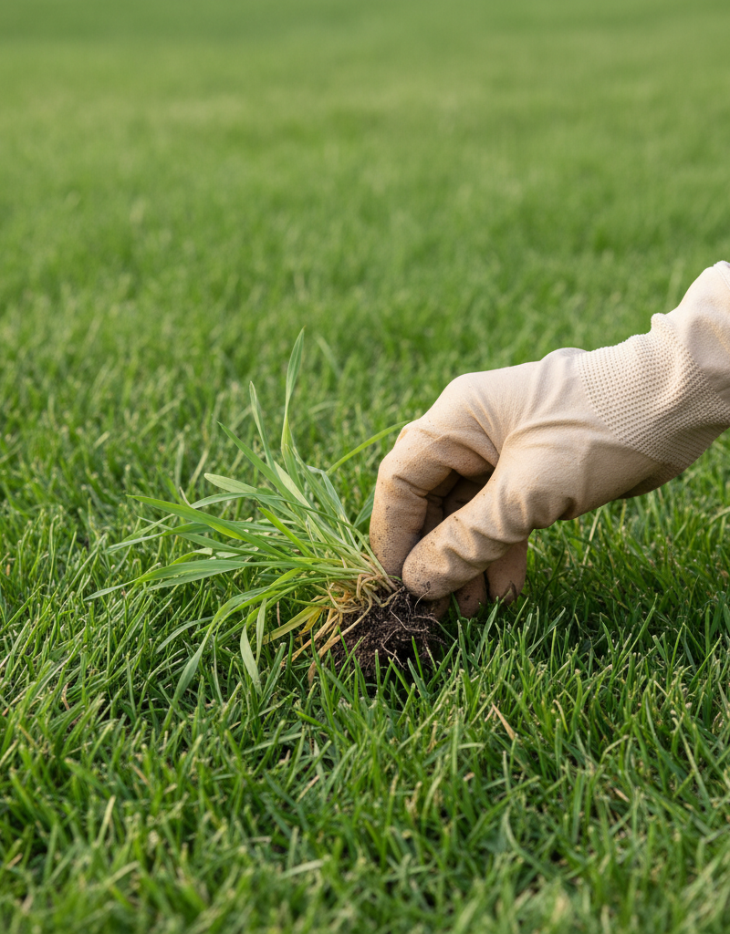 Gloved hand pulling young crabgrass from a healthy green lawn