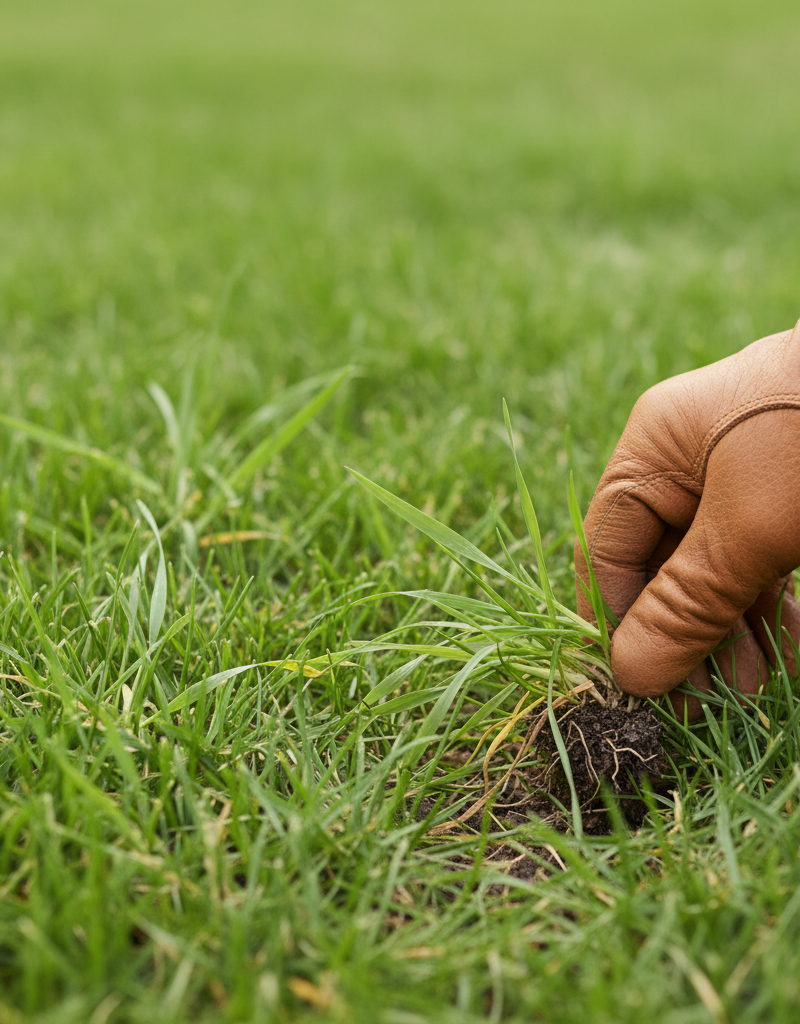 Homeowner's hand in a gardening glove pulling a young crabgrass plant from a lush green lawn.