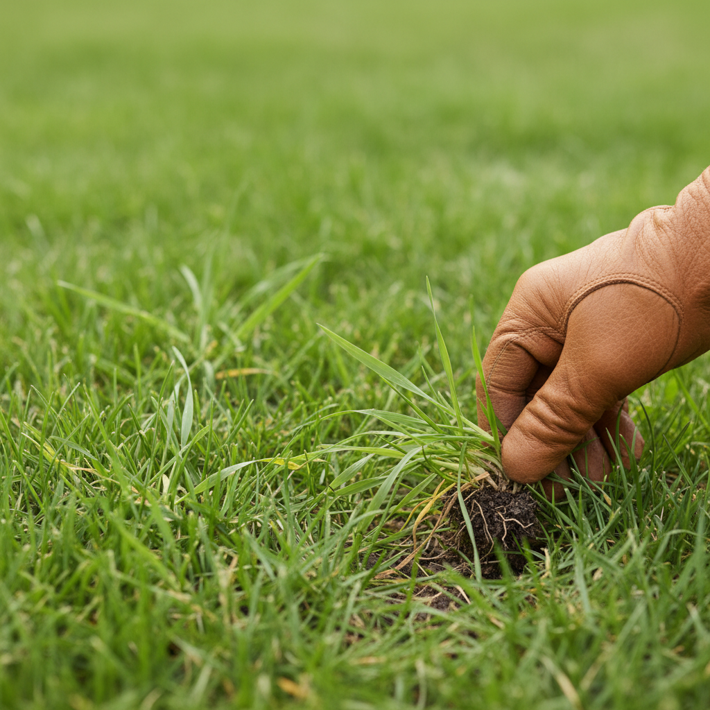 Homeowner's hand in a gardening glove pulling a young crabgrass plant from a lush green lawn.