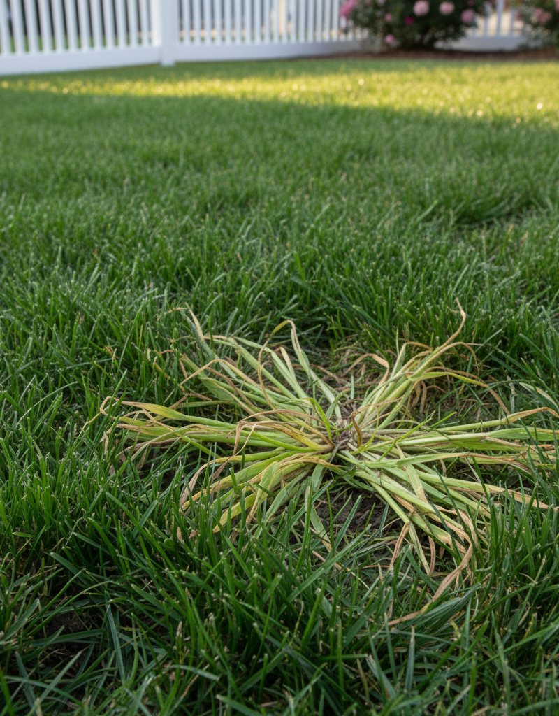 Healthy green lawn with a small, spreading patch of crabgrass, illustrating a common weed problem.