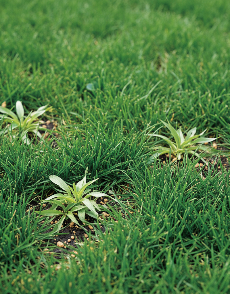 Healthy green lawn with small crabgrass plants, illustrating natural control