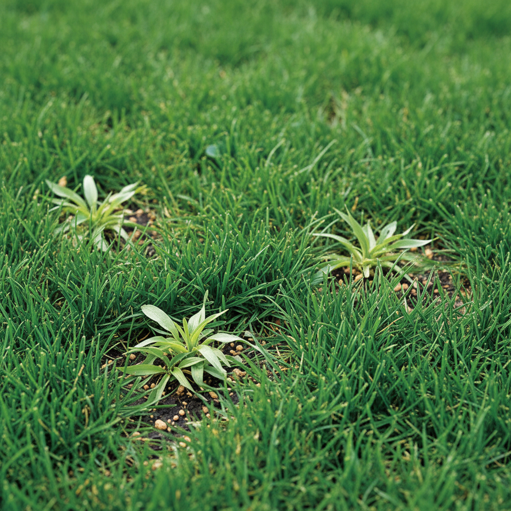 Healthy green lawn with small crabgrass plants, illustrating natural control