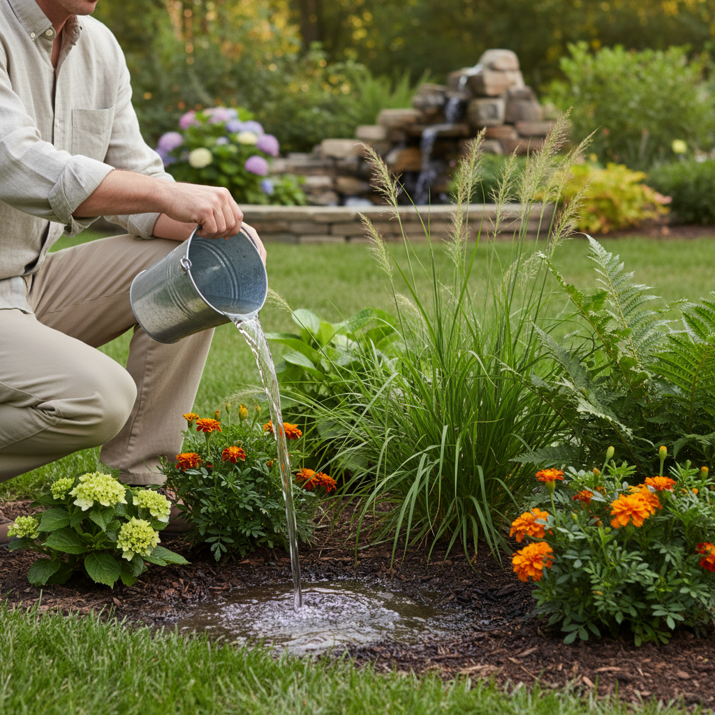 Homeowner emptying standing water from a bucket in a backyard, a key step in natural mosquito control