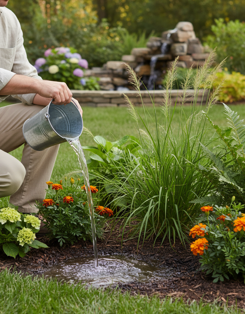 Homeowner emptying standing water from a bucket in a backyard, a key step in natural mosquito control