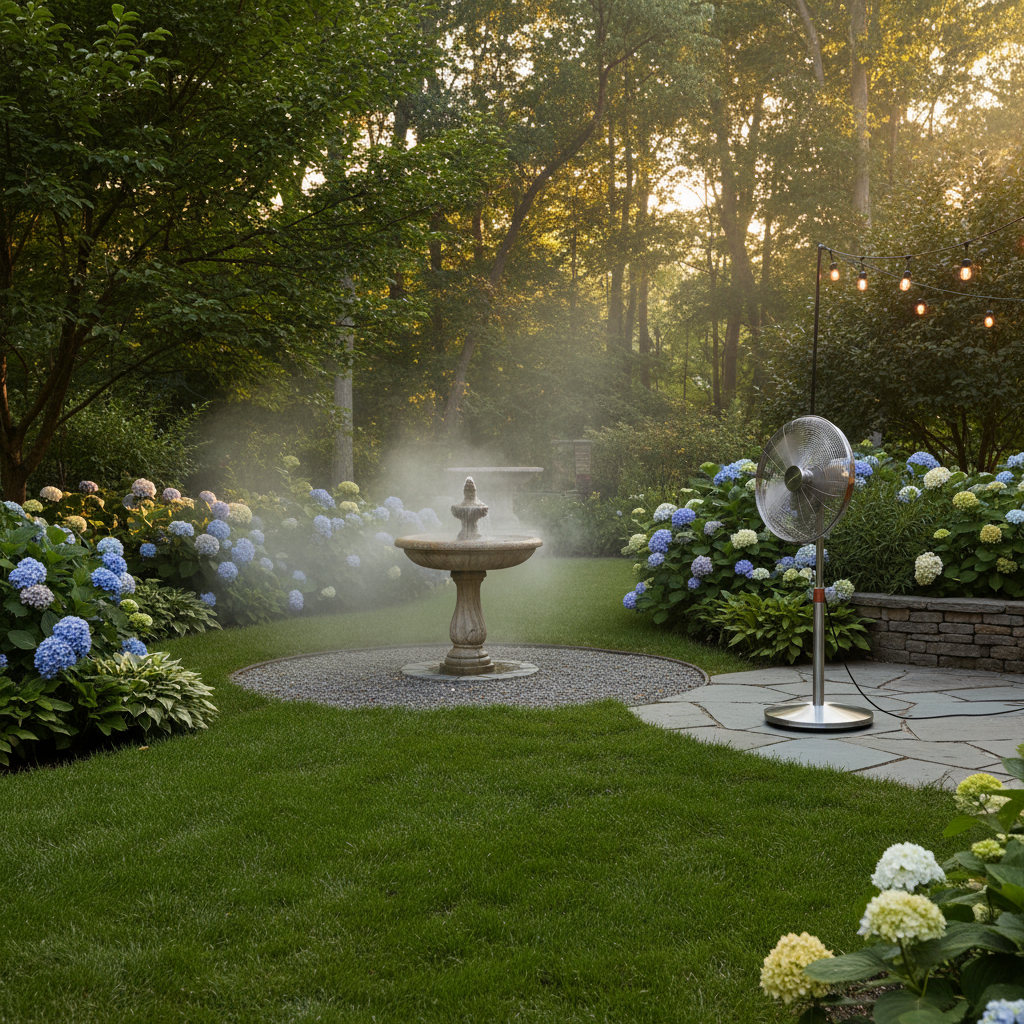 A serene backyard with an oscillating fan on a patio, lush greenery, and a clean bird bath, signifying natural mosquito control.