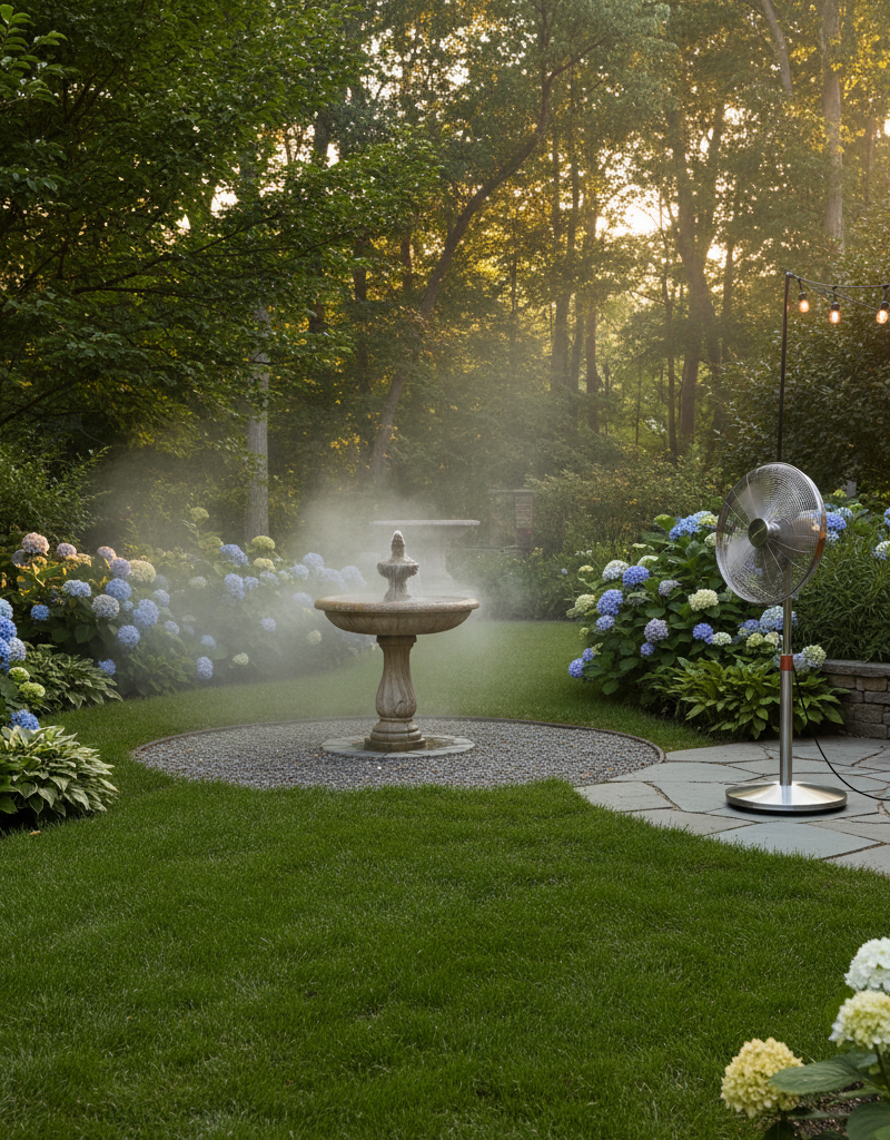 A serene backyard with an oscillating fan on a patio, lush greenery, and a clean bird bath, signifying natural mosquito control.