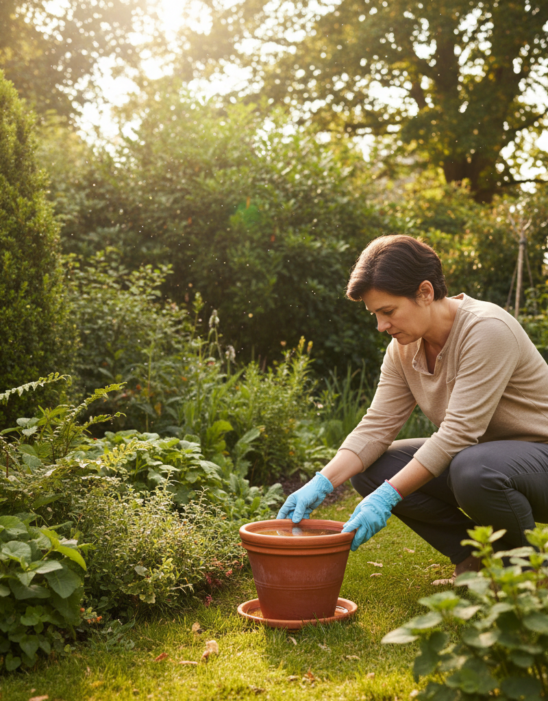 Homeowner inspecting plant pot for standing water to prevent mosquito breeding.