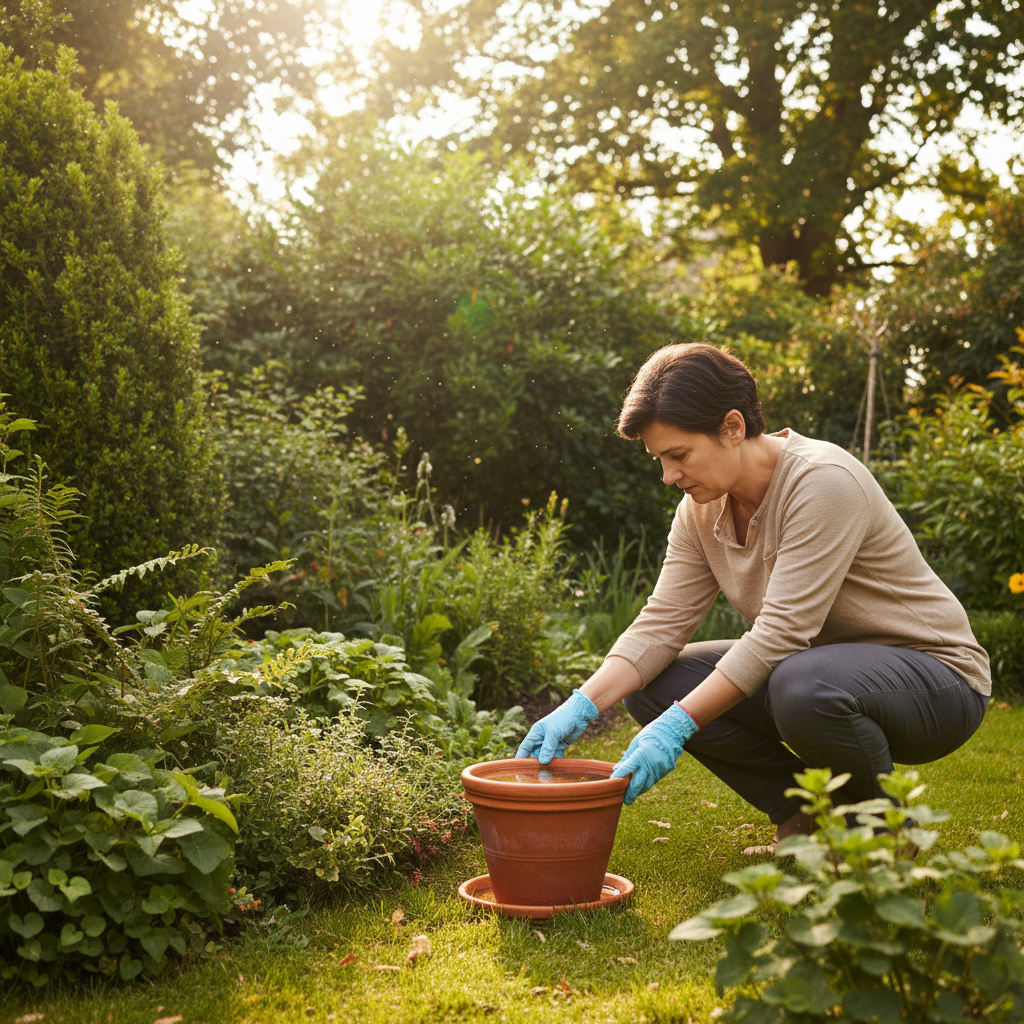 Homeowner inspecting plant pot for standing water to prevent mosquito breeding.