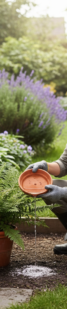 Homeowner inspecting backyard for standing water to prevent mosquito breeding, with natural repellent plants in the background.
