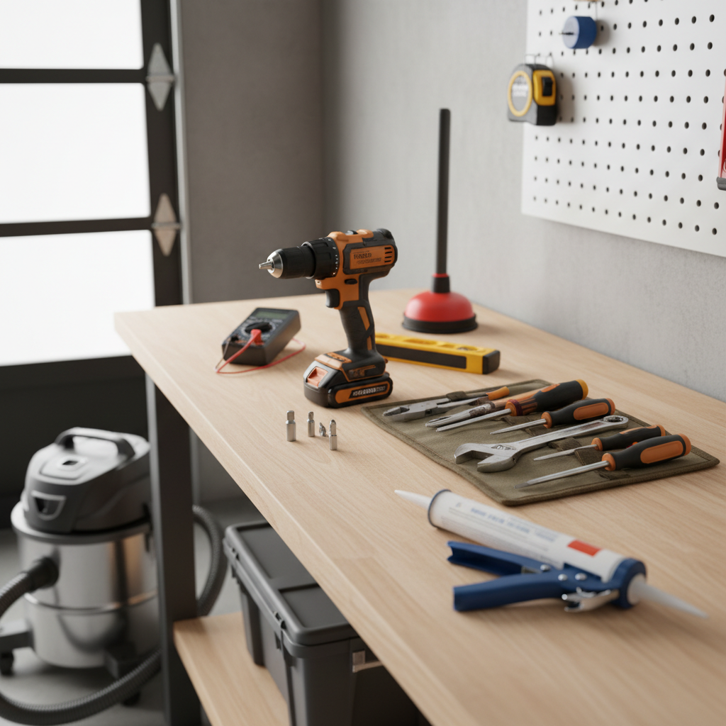 Essential tools organized on a workbench for a new homeowner, including a drill, hand tools and a shop vac.