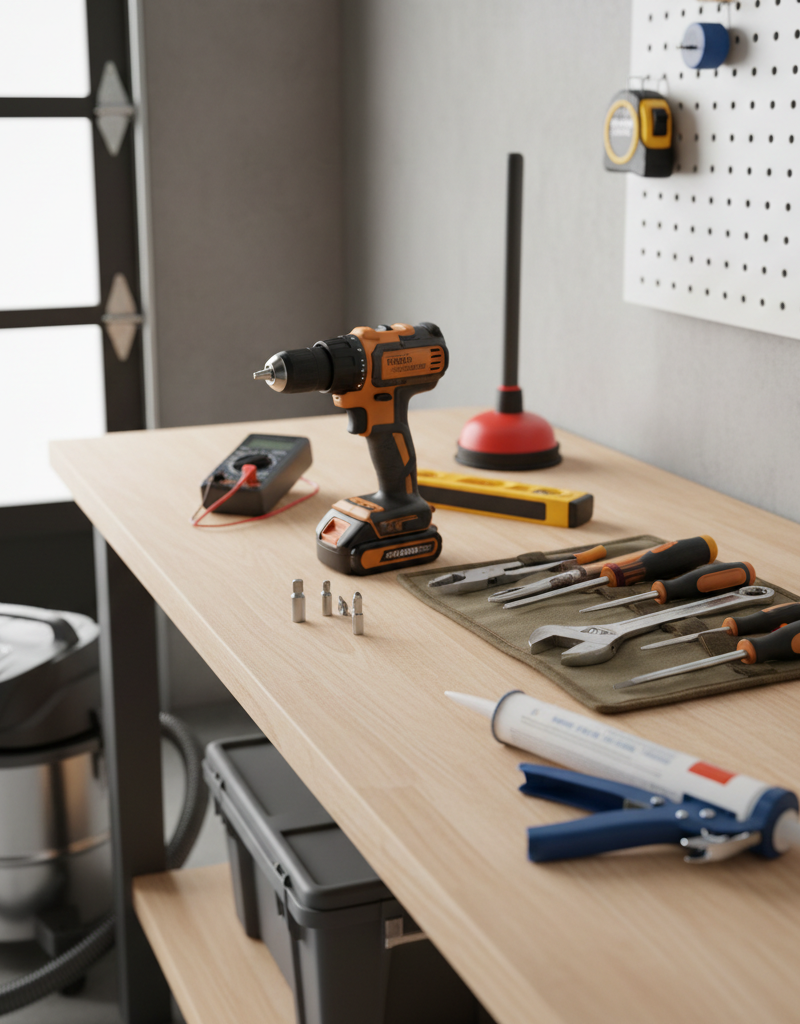 Essential tools organized on a workbench for a new homeowner, including a drill, hand tools and a shop vac.