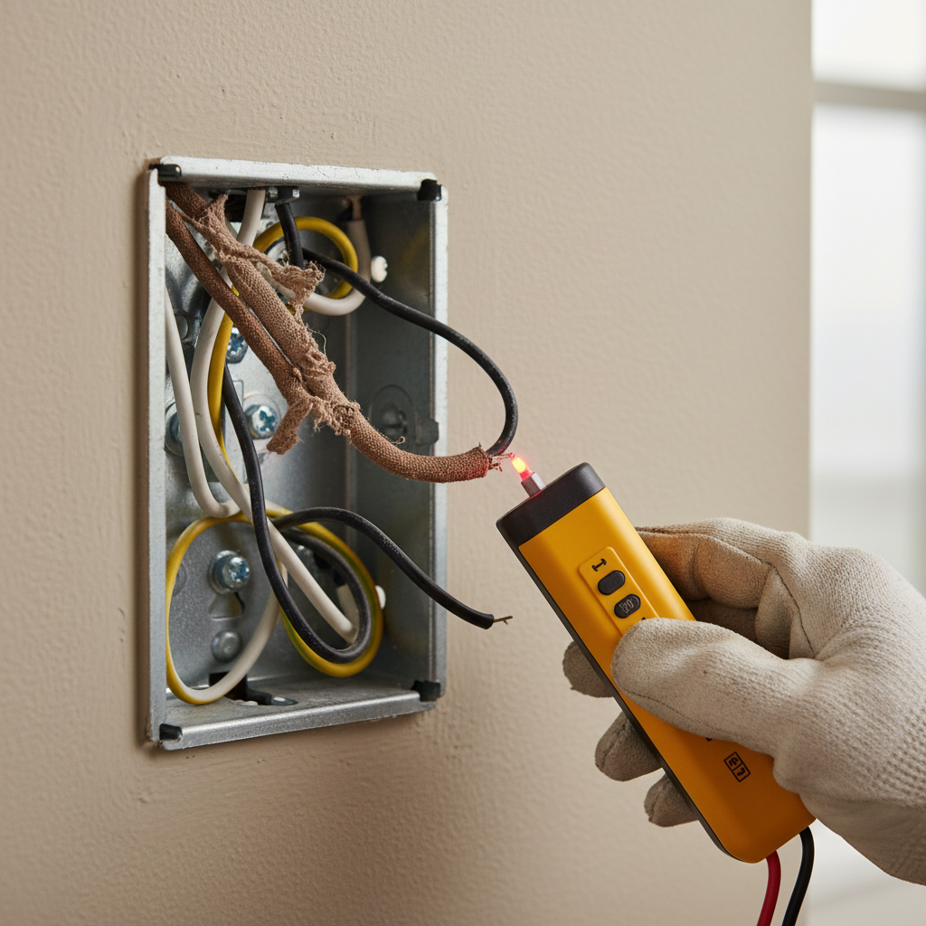 Open light switch electrical box with older wires and a voltage tester checking for power