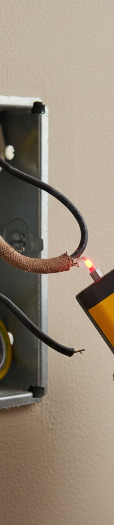 Open light switch electrical box with older wires and a voltage tester checking for power