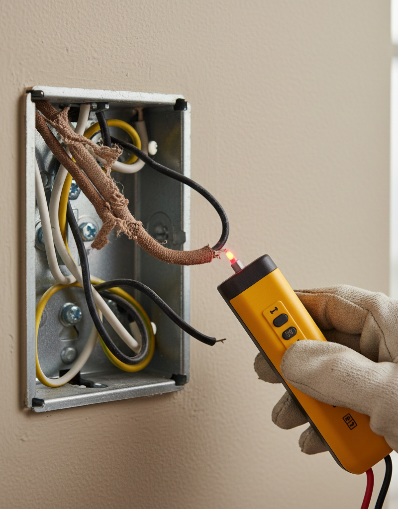 Open light switch electrical box with older wires and a voltage tester checking for power