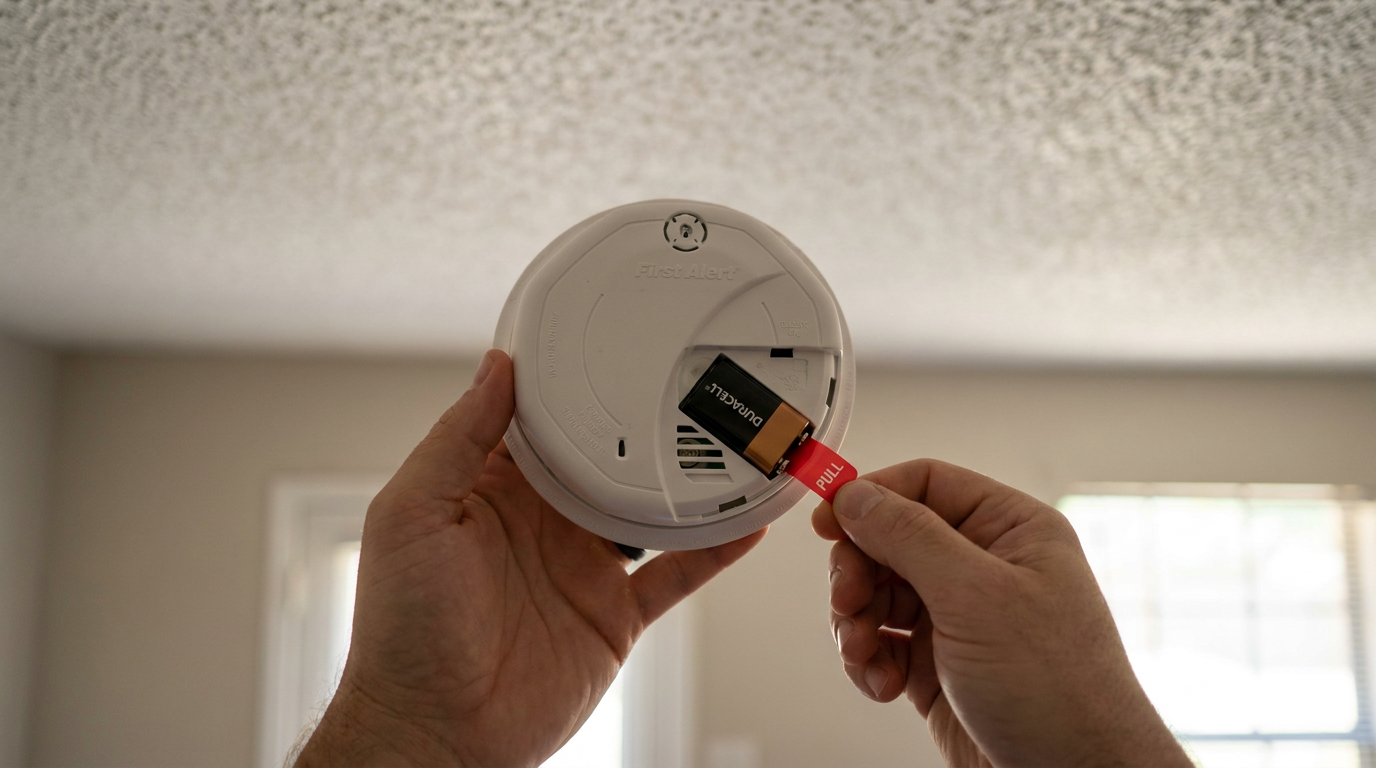 A person holding a new smoke detector with the battery compartment open, showing the unremoved plastic pull-tab.