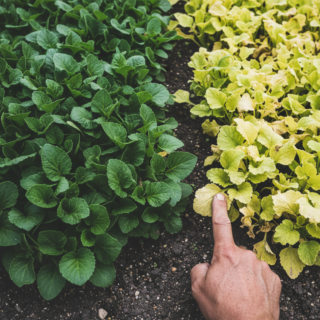 Garden bed showing a healthy green plant contrasted with a pale, yellowing plant suffering from nitrogen deficiency, with a hand pointing at the yellow leaves.