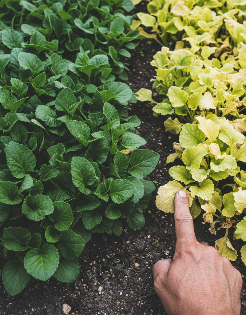 Garden bed showing a healthy green plant contrasted with a pale, yellowing plant suffering from nitrogen deficiency, with a hand pointing at the yellow leaves.