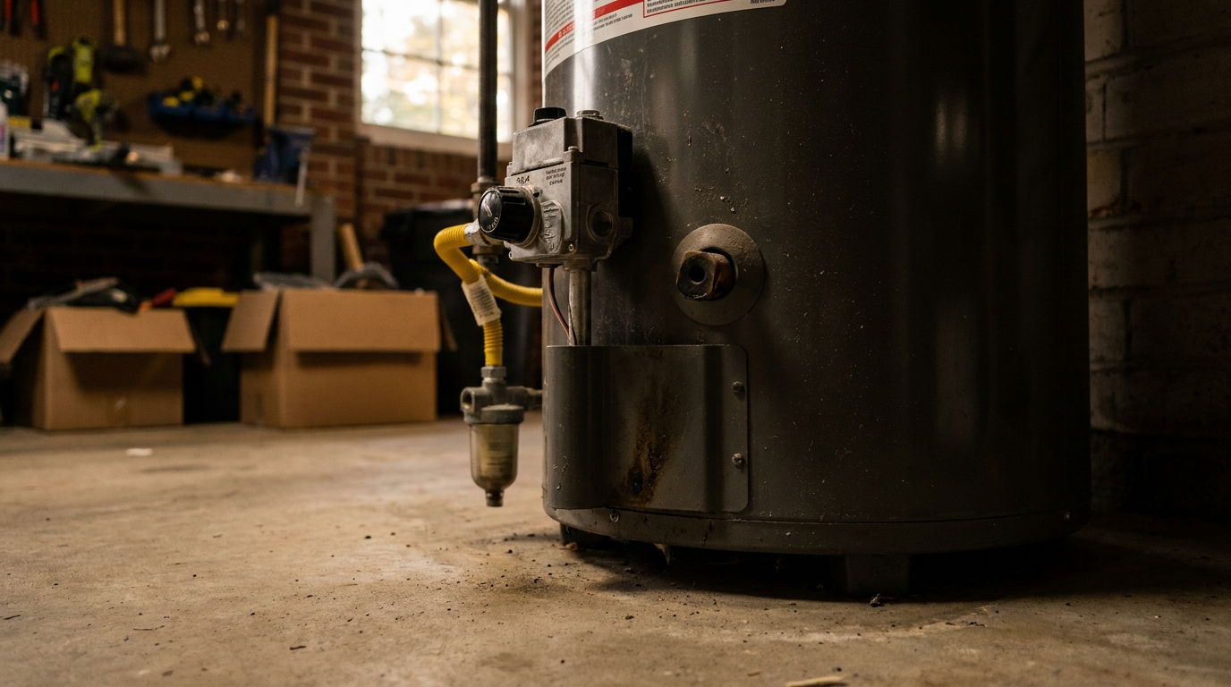 The bottom of a gas water heater showing the gas valve and pilot light assembly where the flame is out.