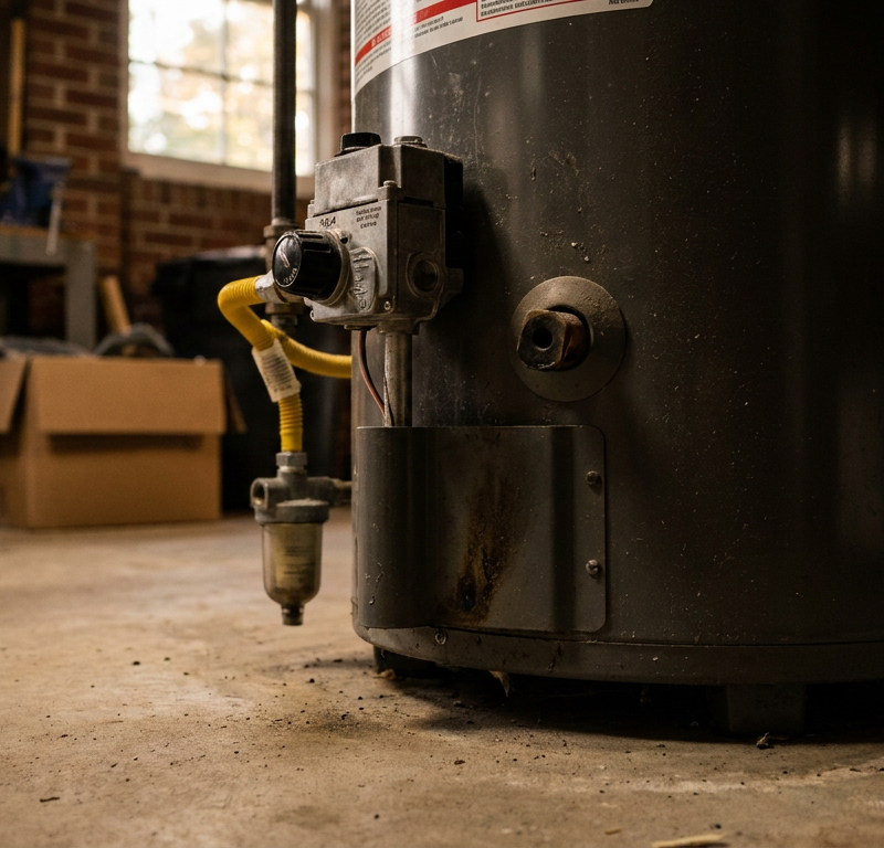 The bottom of a gas water heater showing the gas valve and pilot light assembly where the flame is out.