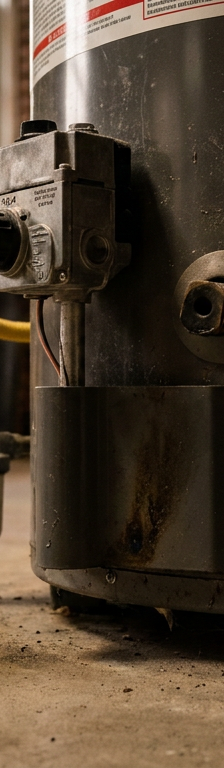 The bottom of a gas water heater showing the gas valve and pilot light assembly where the flame is out.