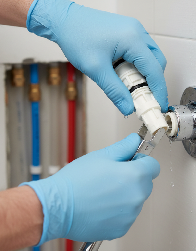 Homeowner removing a shower mixing valve cartridge to restore hot water.