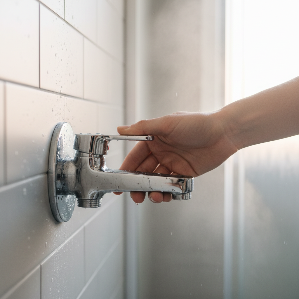 Hand turning a modern single-handle shower faucet with no hot water coming out