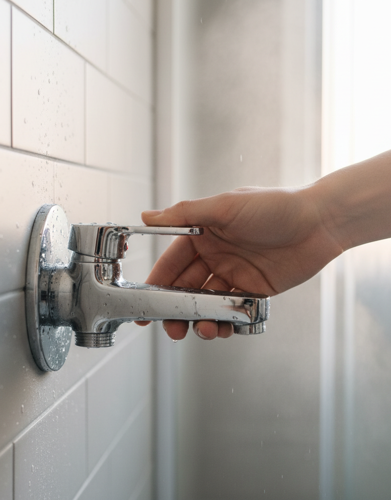 Hand turning a modern single-handle shower faucet with no hot water coming out