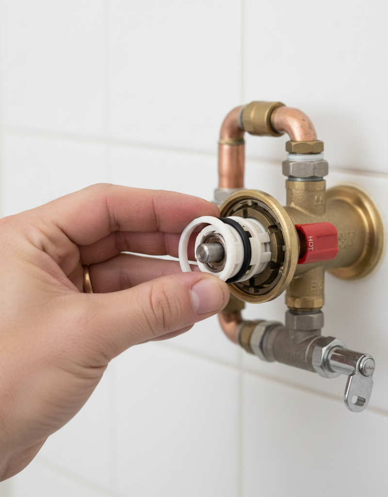 Homeowner adjusting the anti-scald limit stop on a shower mixing valve cartridge.