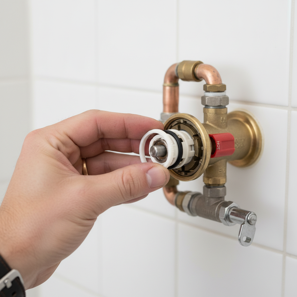 Homeowner adjusting the anti-scald limit stop on a shower mixing valve cartridge.