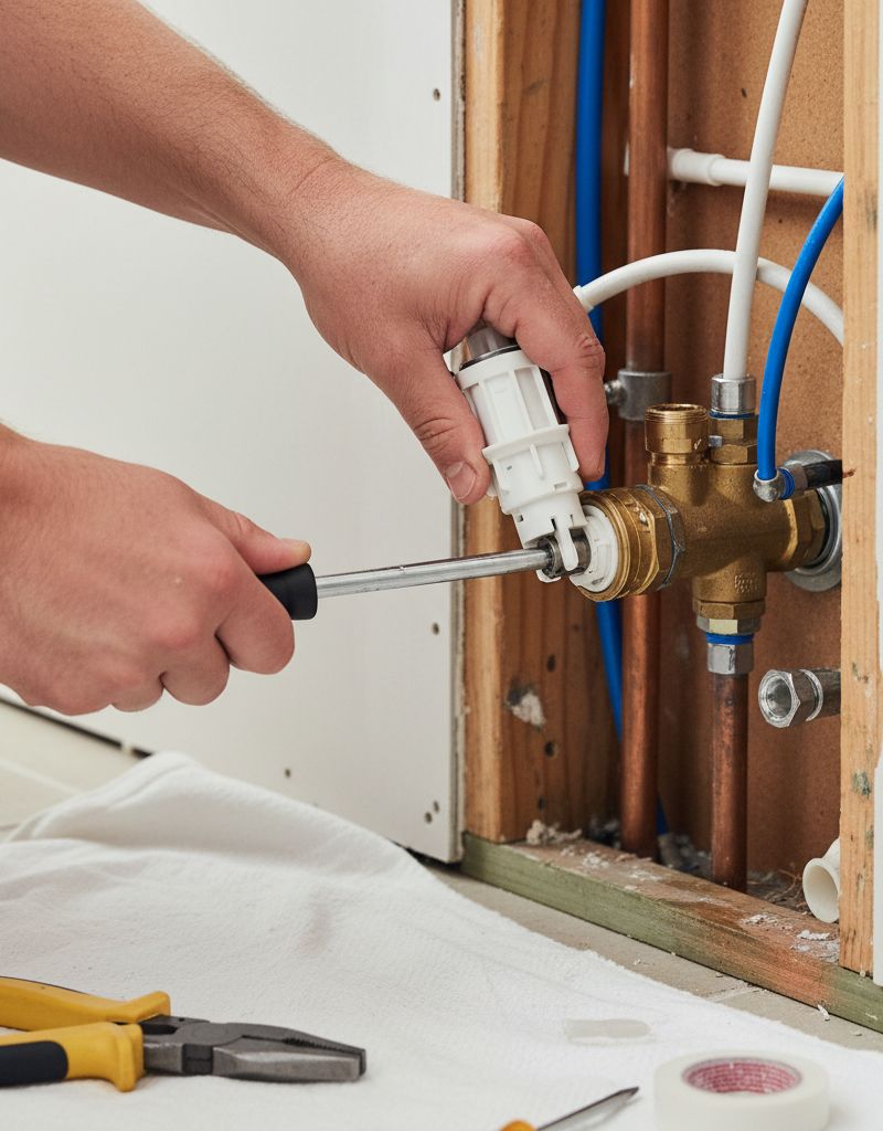 Homeowner removing old shower mixing valve cartridge to restore hot water