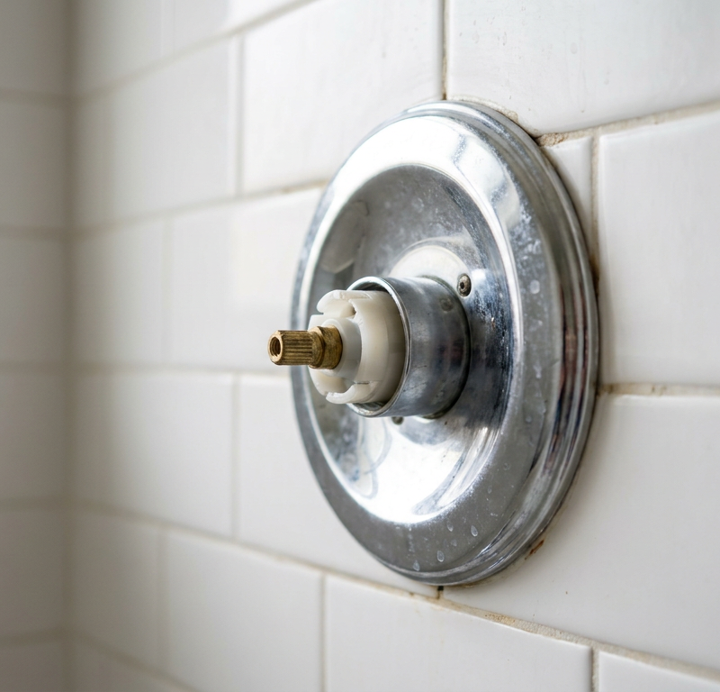 A shower valve with the handle removed, showing the anti-scald limit stop and cartridge stem.