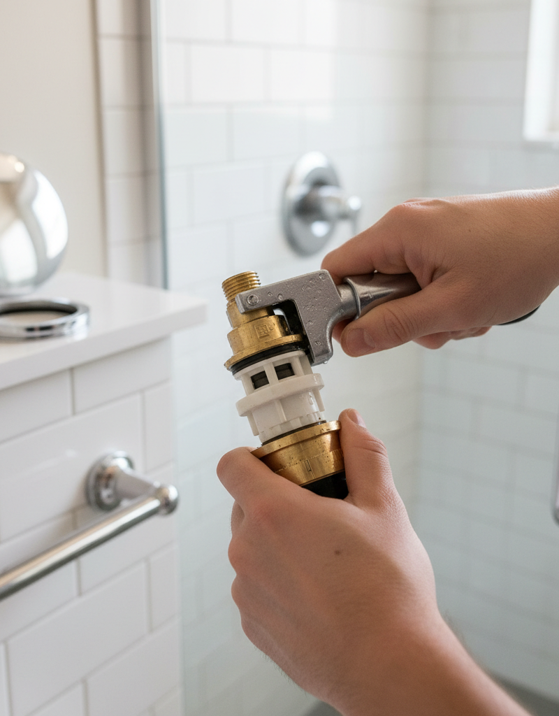 Homeowner's hands removing a shower mixing valve cartridge to troubleshoot no hot water.