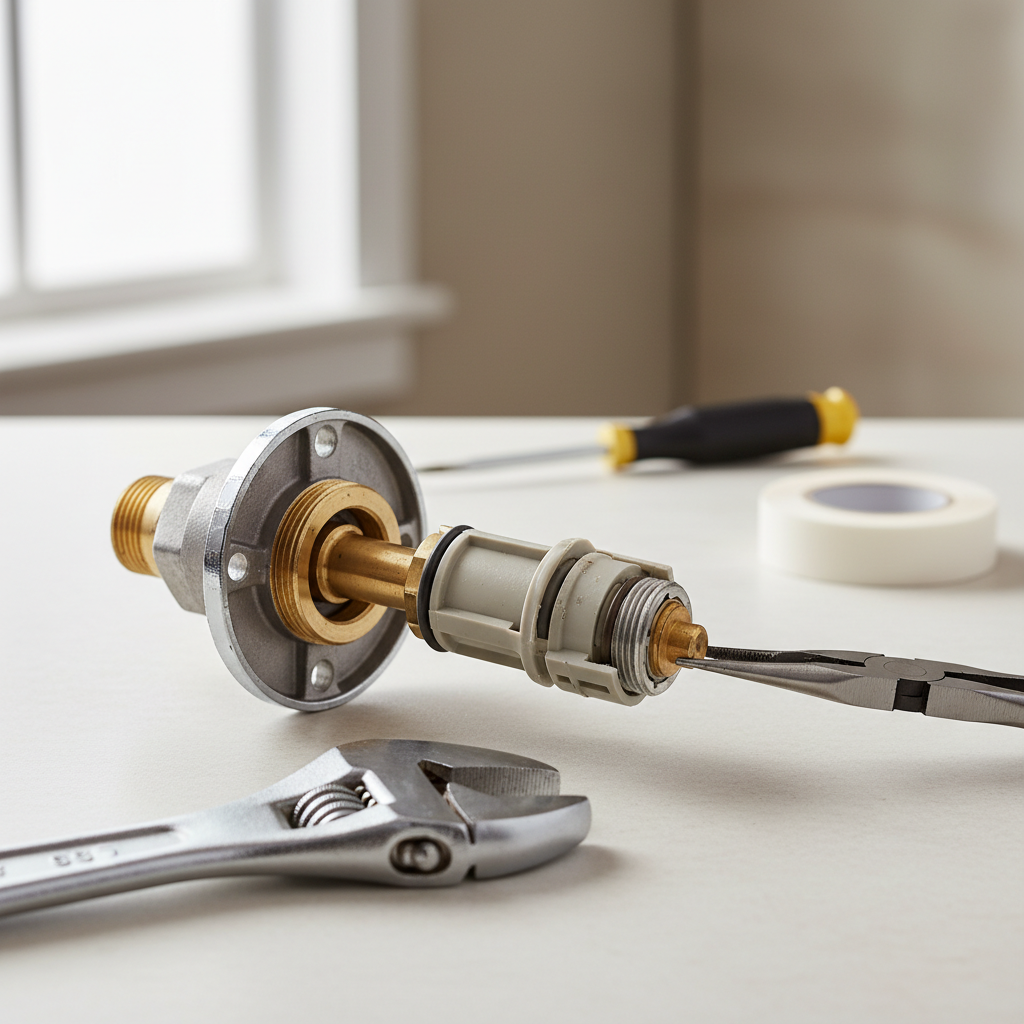 Shower valve with internal cartridge exposed, ready for replacement or repair, showing the intricate components responsible for hot and cold water mixing.