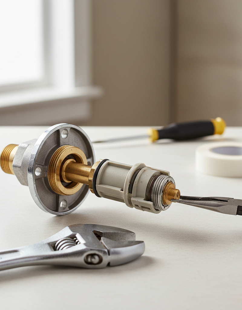 Shower valve with internal cartridge exposed, ready for replacement or repair, showing the intricate components responsible for hot and cold water mixing.