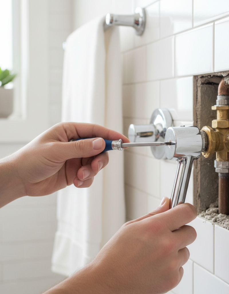 Homeowner repairing shower mixing valve, identifying the cartridge behind the handle.