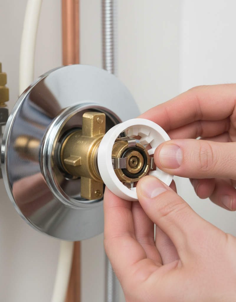 Homeowner adjusting the temperature limit stop inside a shower valve to fix a cold shower.