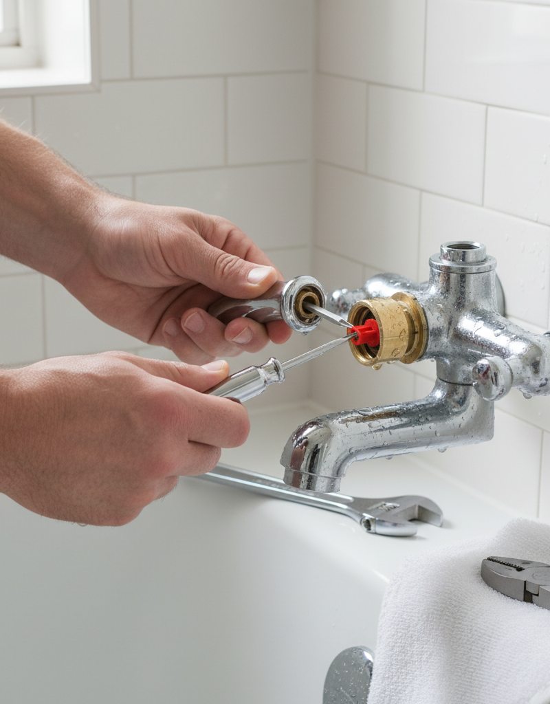 Homeowner adjusting the anti-scald limit stop inside a shower valve to fix cold water.
