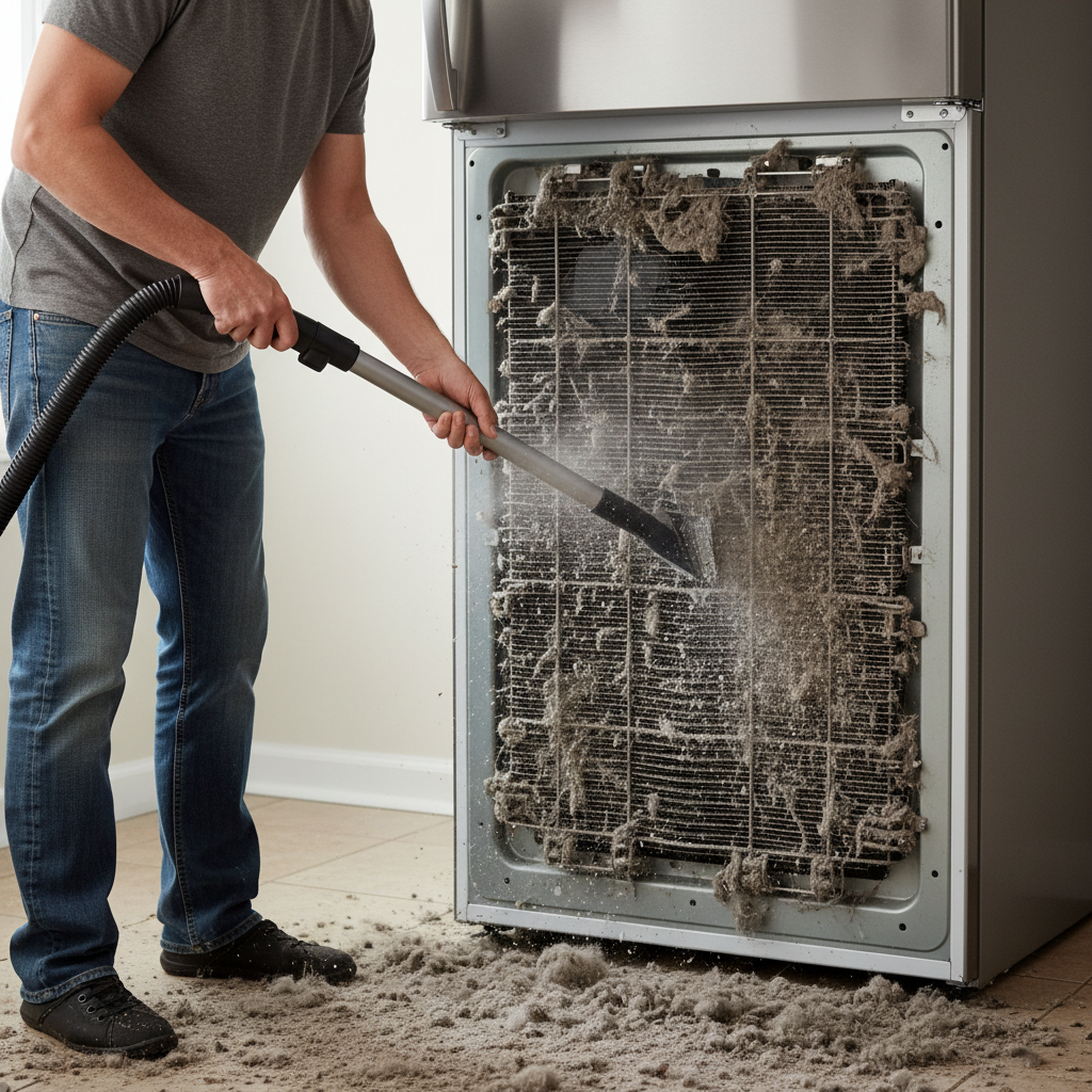 Man cleaning dusty refrigerator condenser coils with a vacuum attachment to fix a noisy fridge.