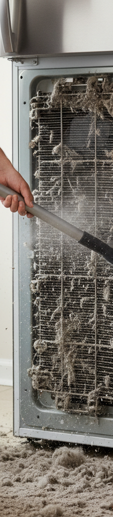 Man cleaning dusty refrigerator condenser coils with a vacuum attachment to fix a noisy fridge.