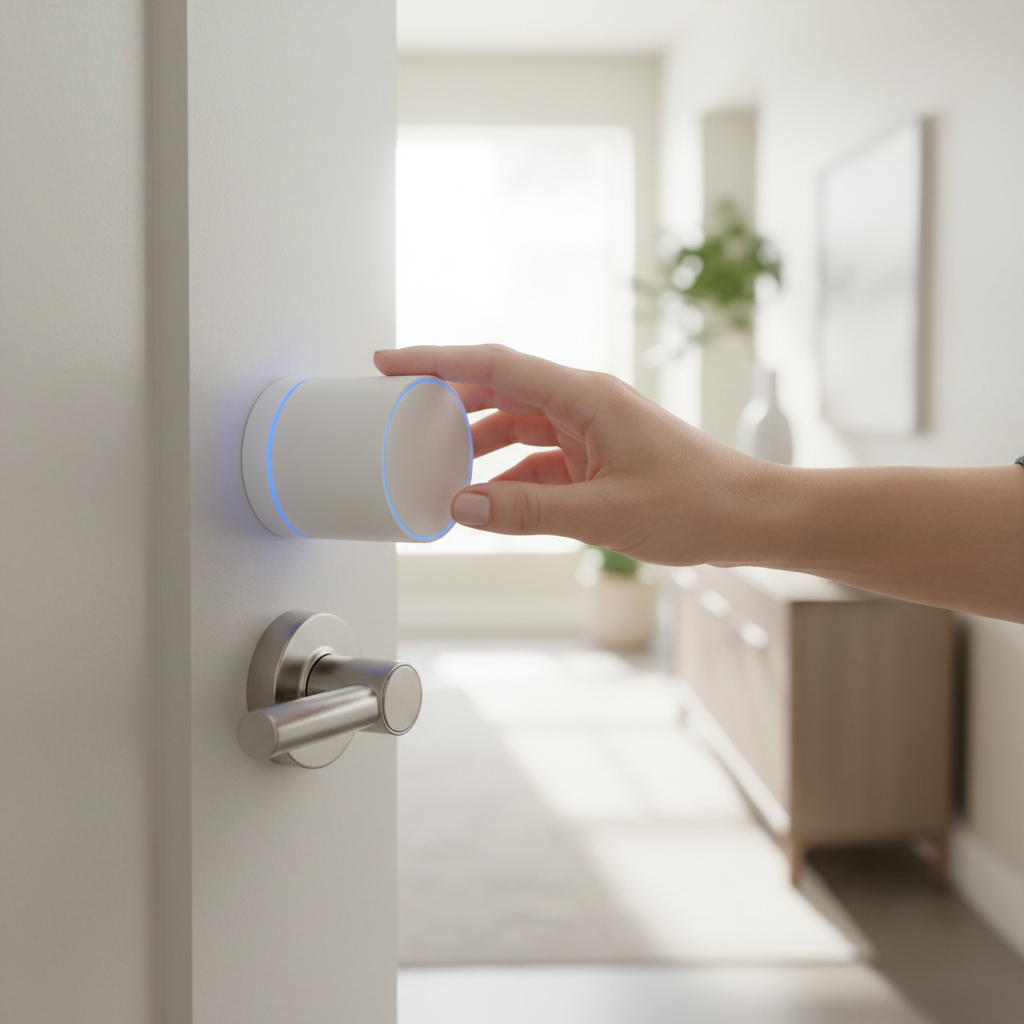 A close-up of a white retrofit smart lock installed on an interior door, showing the device over the existing deadbolt thumb turn.