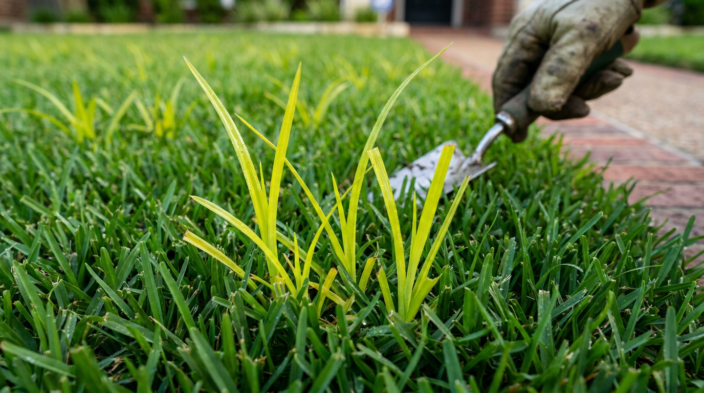 Close-up of yellow nutsedge weeds with triangular stems shooting above green lawn grass