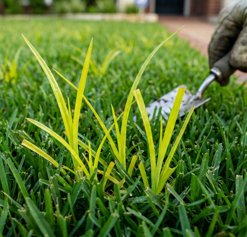 Close-up of yellow nutsedge weeds with triangular stems shooting above green lawn grass