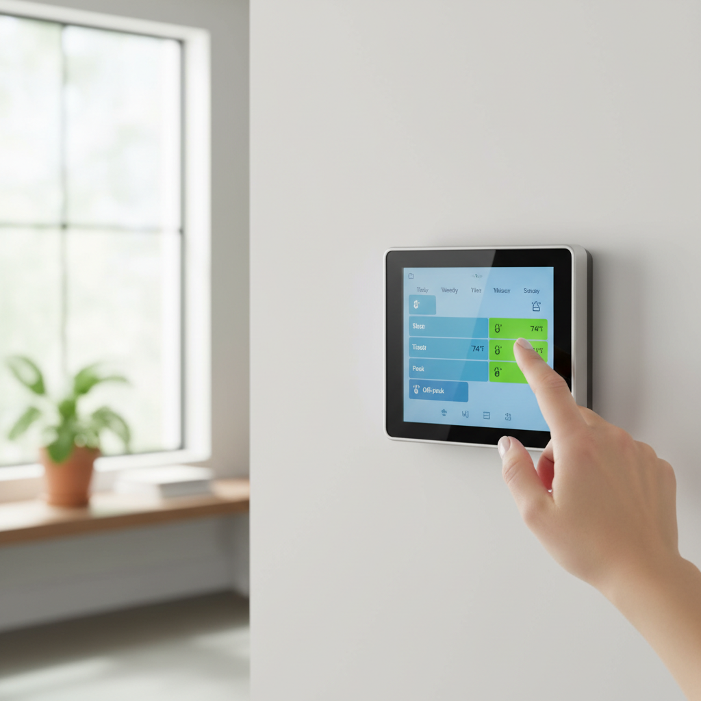 Smart thermostat screen displaying an off-peak cooling schedule to save money on energy bills.