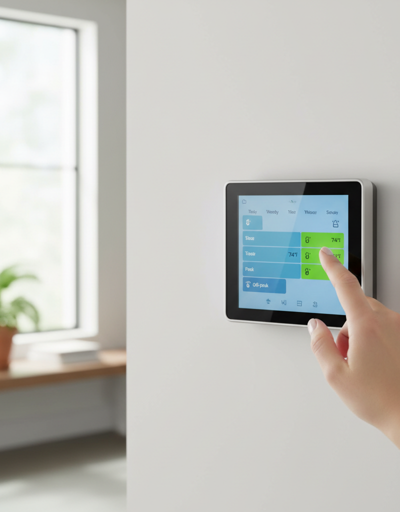 Smart thermostat screen displaying an off-peak cooling schedule to save money on energy bills.