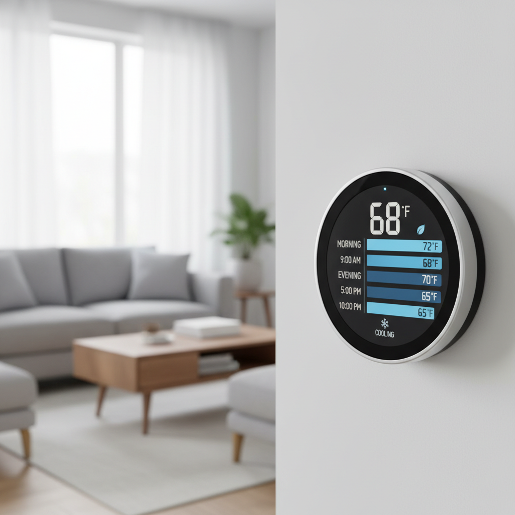 A close-up of a smart thermostat displaying a custom energy-saving schedule, programmed for off-peak cooling
