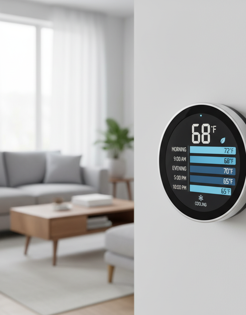 A close-up of a smart thermostat displaying a custom energy-saving schedule, programmed for off-peak cooling