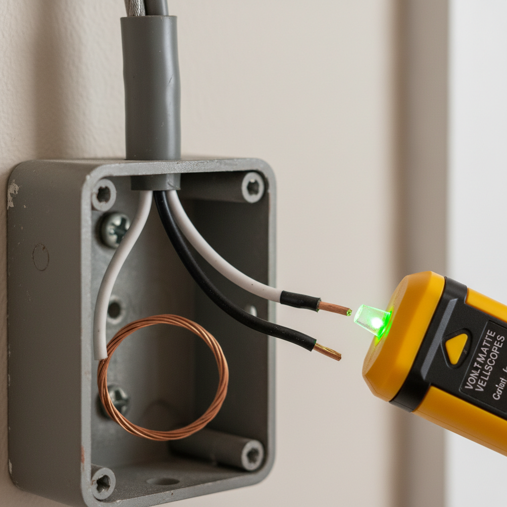 Homeowner using a non-contact voltage tester on a white wire marked with black electrical tape in an electrical switch box, illustrating an old switch loop.