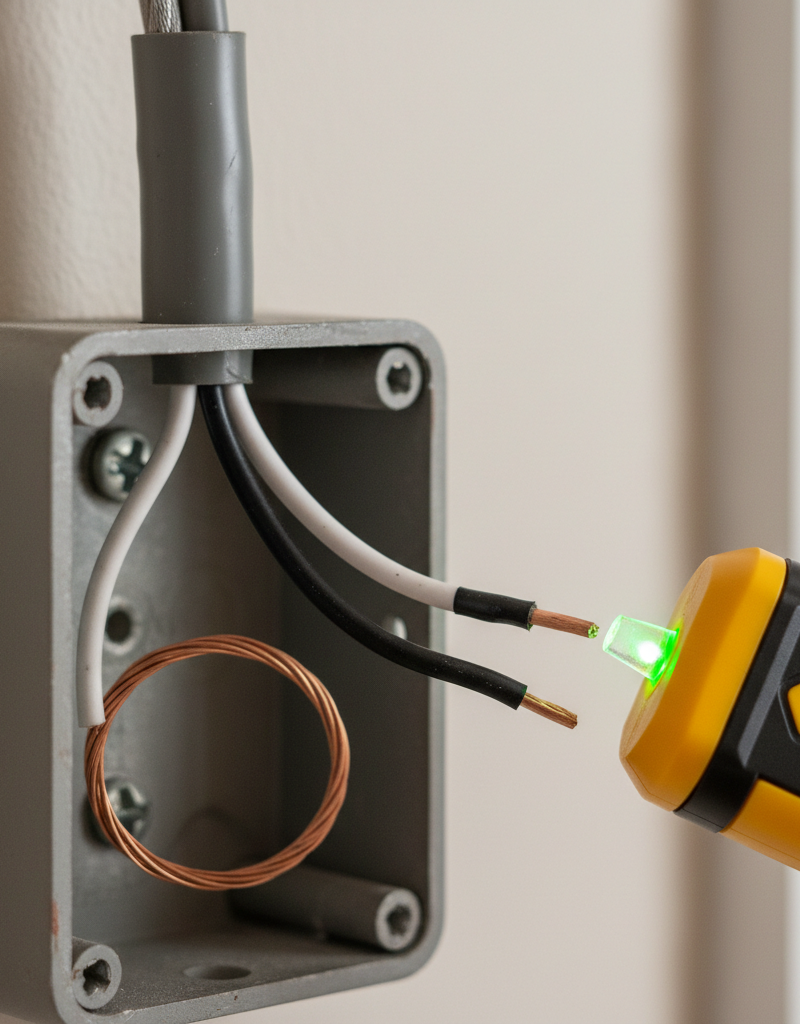 Homeowner using a non-contact voltage tester on a white wire marked with black electrical tape in an electrical switch box, illustrating an old switch loop.